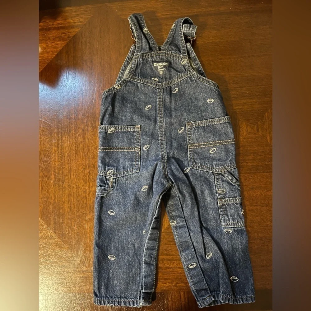 OshKosh B’Gosh | Denim Overalls with Footballs | 18 mo